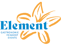 Logo der Gastronomie Element mit blauem Schriftzug und gelber Blume.