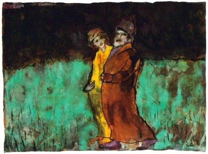 Two people, a man and a woman, walk closely side by side; the woman looks at the man, against a two-part background of green below and black above.