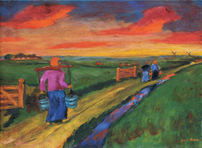 Three people carry buckets on a shoulder pole and walk along a sandy path, surrounded by green fields, a farmyard and windmills beneath an orange-yellow sky.