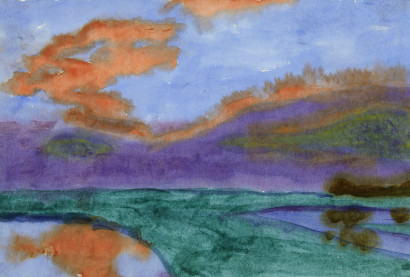 Green landscape area, surrounded by water, beneath a purple-orange-blue sky.