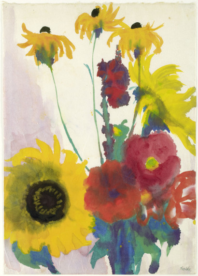 Flower arrangement with yellow sunflowers, red poppies, and yellow coneflowers against a light background.