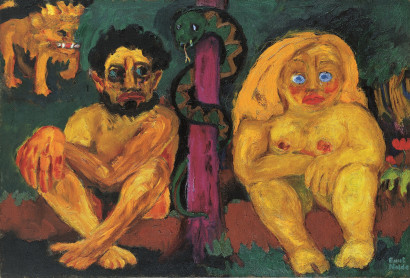Two nude seated figures &ndash; a man and a woman &ndash; next to a tree trunk with a snake; in the background, a lion against a green backdrop.
