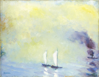 Two sailing boats with white sails on light blue water beneath a pale yellow sky.