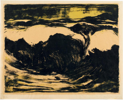 Dunkles Meeresbild mit hohen, wogenden Wellen in Blau-Schwarz und wei&szlig;em Schaum; dar&uuml;ber ein gelber Himmel im Hintergrund.