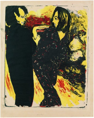 Ein Mann und eine Frau stehen einander zugewandt, der Mann h&auml;lt den Arm der Frau. Beide tragen schwarze Kleidung, der Hintergrund ist leuchtend gelb mit roten und schwarzen Akzenten.