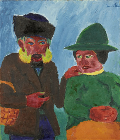 Mann und Frau stehen nebeneinander; der Mann legt den Arm auf die Schultern der Frau, tr&auml;gt braune Kleidung und einen Hut sowie einen Korb am Arm, die Frau ist gr&uuml;n gekleidet und tr&auml;gt ebenfalls einen Hut.