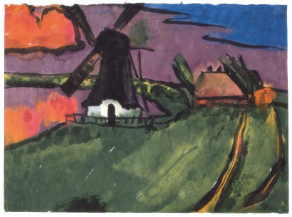 Schwarz-wei&szlig;e M&uuml;hle auf gr&uuml;nem Gras, daneben ein rotes Haus, davor ein Gew&auml;sser, im Hintergrund Himmel in Rot, Violett und Blau.