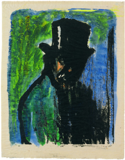 Portr&auml;t eines Mannes mit Zylinder, bei dem eine Gesichtsh&auml;lfte schwarz ist; Hintergrund und andere Bildbereiche in Gr&uuml;n, Blau und Schwarz.