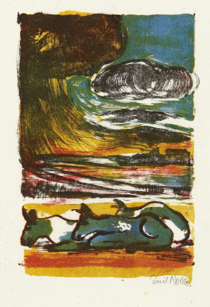 Drei schwarz-wei&szlig;e K&uuml;he liegen auf gelblich-rotem Boden. &Uuml;ber ihnen spannt sich ein bewegter Himmel in Schwarz, Blau, Gelb und Rot; in der Ferne sind Geb&auml;ude zu erkennen.