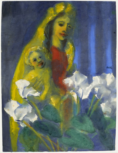 Madonnenfigur mit rotem Gewand und gelbem Schleier, ein Kind auf dem Arm, vor wei&szlig;en Veilchen mit gr&uuml;nen Stielen vor dunkelblauem Hintergrund.