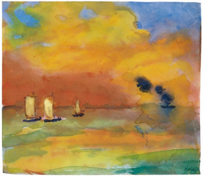 Drei Segelschiffe auf einem gelb-gr&uuml;nen Meer unter einem Himmel in Rot-, Gelb- und Blaut&ouml;nen.