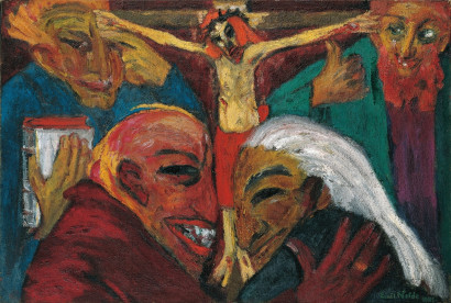 Kreuzigungsszene mit Jesus am Kreuz, flankiert von mehreren Figuren mit grotesk wirkenden Gesichtsz&uuml;gen; im Vordergrund stehen zwei Personen eng beieinander und blicken sich an.