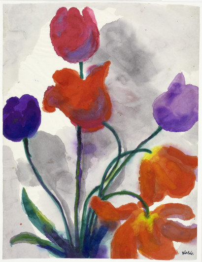 Sechs Tulpen in Rot, Orange und Blauviolett auf langen gr&uuml;nen Stielen vor hellem Hintergrund mit dezenten schwarz-grauen Schatten.