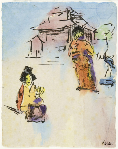 Zwei Japanerinnen in gelbem und orangem Kimono, eine sitzend, eine stehend, vor einem Haus neben einem Baum und einem blauen Vogel. Der untere Bildbereich ist hell, der obere hellblau.