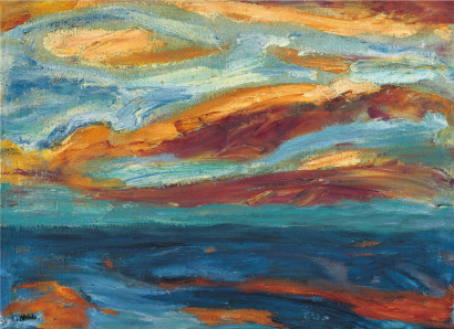 Meereslandschaft in Blau, Orange und Wei&szlig; mit geschwungenen Wellen und Wolken, bei der sich Himmel und Wasser optisch verbinden und Wolken im Wasser spiegeln.