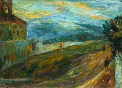 Landschaft mit einem Geb&auml;ude links, einem Weg mit einer Person, einer Grasfl&auml;che im Vordergrund und im Hintergrund ein Vulkan unter gelb-blau-wei&szlig;em Himmel.