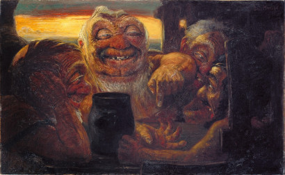 Vier groteske Riesen mit wei&szlig;en Haaren, B&auml;rten und teils fehlenden Z&auml;hnen sitzen um einen runden Tisch mit einem Krug in der Mitte. Im Hintergrund ist der Himmel orange gef&auml;rbt.