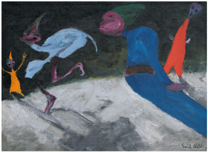 Vier grotesk wirkende Figuren in bunten Gew&auml;ndern und spitzen H&uuml;ten bewegen sich &uuml;ber einen hellen, gew&ouml;lbten Untergrund. Der Hintergrund ist dunkel bis fast schwarz.