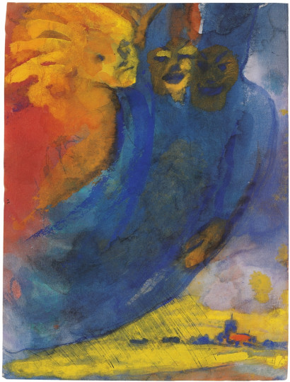 Drei schwebende Gestalten in gelb-orangenen und blauen Gew&auml;ndern &uuml;ber einer kleinen Stadt auf gelbem Untergrund.